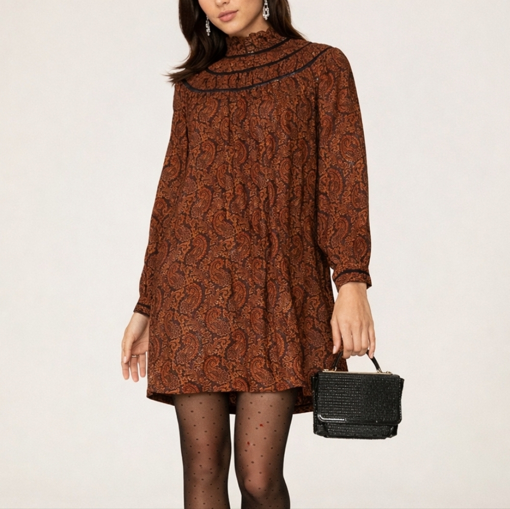 Rebecca Minkoff Rust Paisley Boho Mock Neck Shift Dress | Long Sleeve Size M